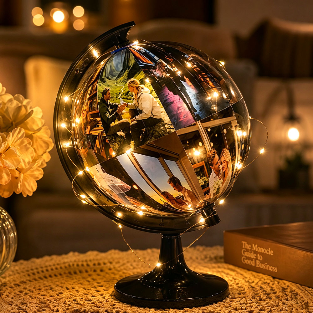 Crie um globo personalizado com as suas fotos e transforme memórias em decoração. Uma prenda original e divertida para aniversários, casamentos e família.