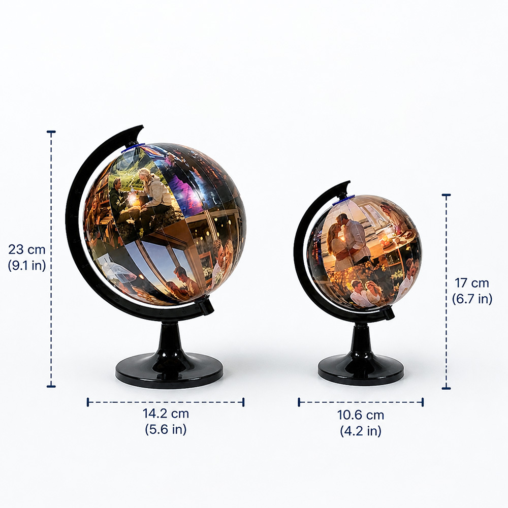 Crie um globo personalizado com as suas fotos e transforme memórias em decoração. Uma prenda original e divertida para aniversários, casamentos e família.