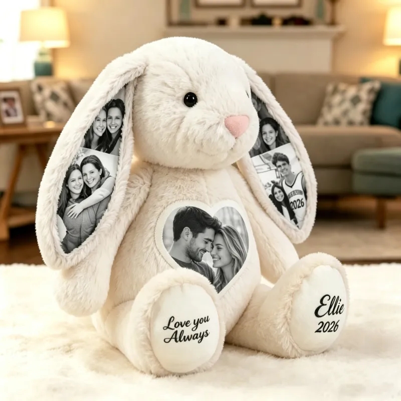 Crie um Peluche Coelho Personalizado com 5 fotografias e 2 mensagens. Uma prenda original e emotiva para aniversários, Dia dos Namorados, nascimento ou Natal.