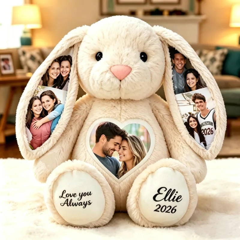 Crie um Peluche Coelho Personalizado com 5 fotografias e 2 mensagens. Uma prenda original e emotiva para aniversários, Dia dos Namorados, nascimento ou Natal.