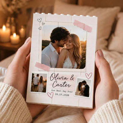 Cria uma moldura personalizada com foto e nomes em blocos de construção. Uma prenda original para namorados, família e amigos.