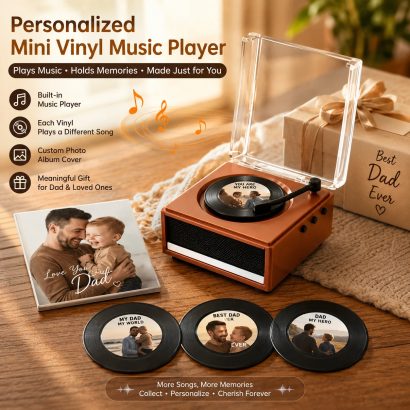 Descubra o mini record player personalizado com foto e música. Um presente original e cheio de significado para aniversários, casais, Dia dos Namorados e muito mais.